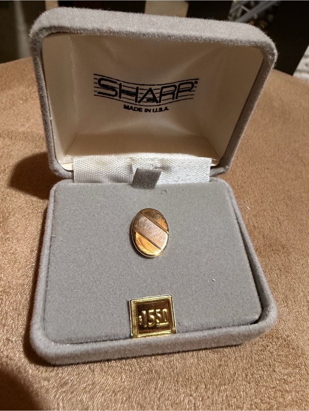 Vintage SHARP Gold Tone Oval Tie Tack Lapel Pin Striped Made in USA with Box